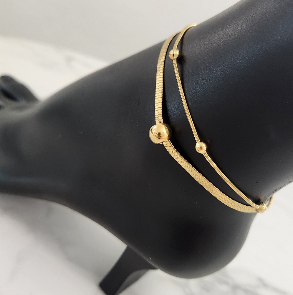 Gold Plated Double Layer Anklet Herringbone Blade Snake Chain Bead Anklet Y2K - Picture 6 of 13